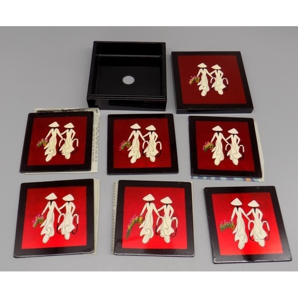 6 Vtg Vietnamese Lacquer Coasters w/ Box Hand-Painted Áo Dài Art HOI AN Unused